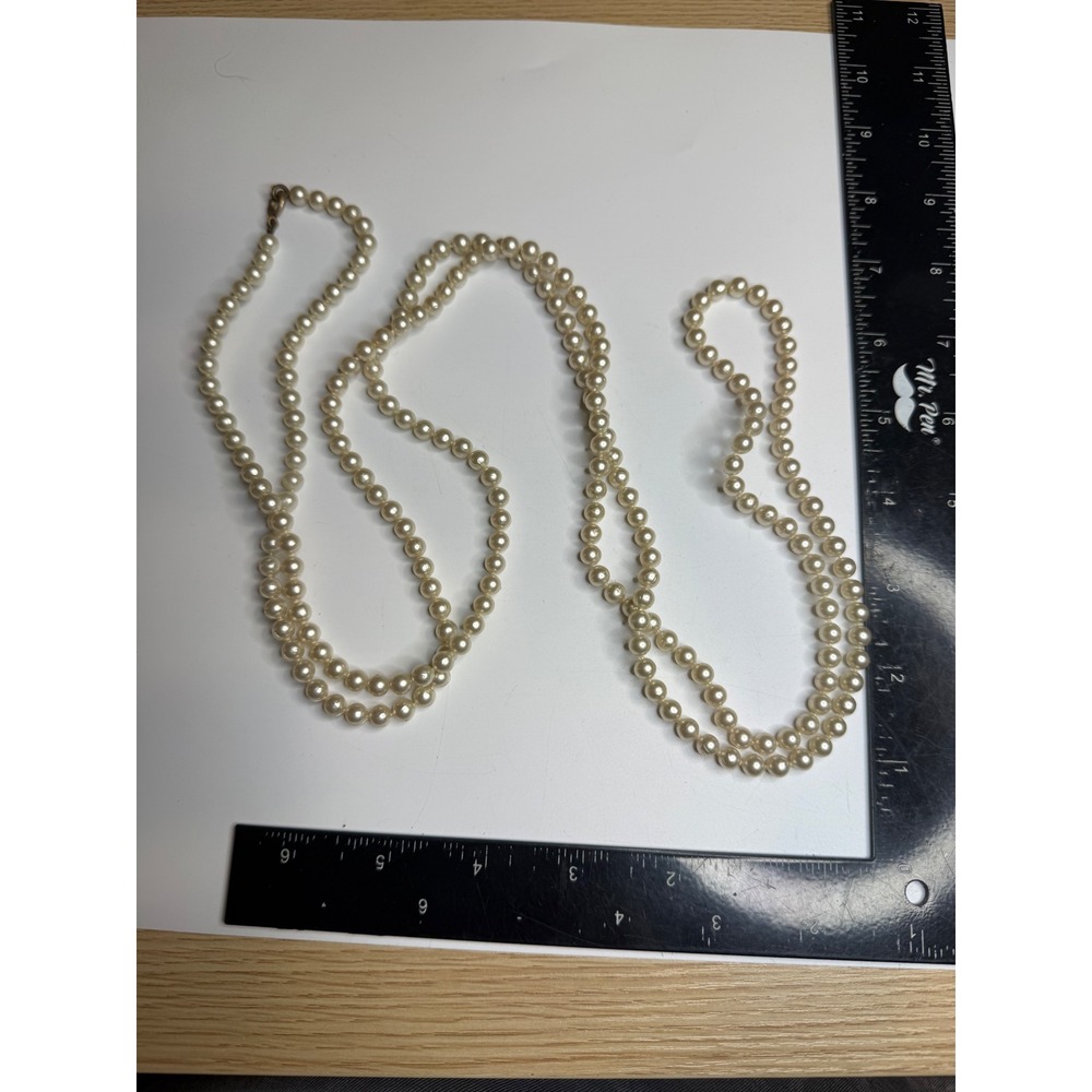 Long Faux Pearl Strand Necklace Cream Knotted Opera Length 50 Inch Spring Ring